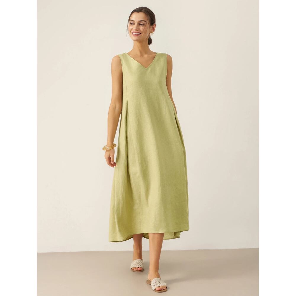 NWT LINTICO 100% Linen Sleeveless A-Line Maxi Dress Sage Apple Green